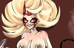 big_breasts bitterbunz blind_peacock_draws blind_peacock_draws_(artist) blonde_hair charlie_morningstar_(hazbin_hotel) commission commission_art commissioner_upload demon demon_girl demon_horns demon_tail hazbin_hotel horn horns red_cheekdots red_cheeks red_eyes scar scar_across_eye scar_on_face scars tail vivienne_medrano vivziepop white_skin