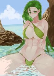 1girls alternate_costume annand_(fire_emblem) ass_visible_through_thighs asymmetrical_clothes bare_midriff bare_shoulders bare_thighs beach bikini breasts cleavage collarbone covered_nipples female female_only fire_emblem fire_emblem:_genealogy_of_the_holy_war green_bikini green_eyes green_hair green_swimsuit large_breasts long_hair looking_at_viewer midriff nintendo ocean outdoors partially_submerged rock shoulders sideboob sitting solo swimsuit ta_dasu_(tadasu_hayashi) thick_thighs thighs very_long_hair water