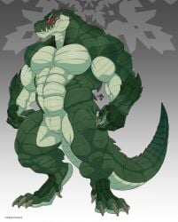 abs animal_genitalia anthro blue_eyes blush claws crocodilian genital_slit genitals hi_res lustful_desires male muscular muscular_anthro muscular_male narram pecs reptile scales scalie scar sharp_teeth solo tail talon_(lustful_desires) teeth