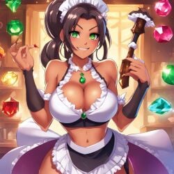 1female 1girl 1girls ai_generated big_breasts breast_focus chest_focus dark dark-skinned_female dark_skin exposed_midriff female female_focus french_maid french_maid_nidalee gems indoors jewel_on_chest jewelry jewels large_breasts league_of_legends looking_at_viewer maid maid_headdress maid_outfit nidalee ponytail ponytail_female riot_games skimpy skimpy_clothes skimpy_costume skimpy_dress skimpy_outfit skimpy_panties smile smiling_at_viewer solo solo_female solo_focus the_grind_series