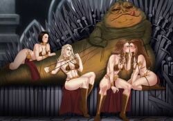 4girls amenoosa arya_stark belly_dancer belly_dancer_outfit black_hair boots brown_hair chain_leash chained cleavage crossover daenerys_targaryen femsub game_of_thrones harem harem_girl harem_outfit jabba_the_hutt large_breasts loincloth long_hair margaery_tyrell medium_hair platinum_blonde_hair sansa_stark slave slave_bikini slave_collar slave_leia_(cosplay) slave_outfit slavegirl star_wars submissive_female