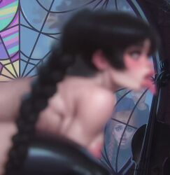 1girls ahe_gao alternate_version_available animated blush dialogue dildo ecchioni horsecock naked naked_female no_bra no_panties nude nude_female peeping shoes_only solo sound sound_effects squatting tagme text the_addams_family thing_(addams_family) video wednesday_addams