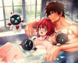 1boy 1girls bath breasts brown_hair canon_couple couple green_eyes guilty_gear guilty_gear_strive happy jack-o'_valentine large_breasts nude partially_submerged red_hair short_hair smile sol_badguy steam wholesome