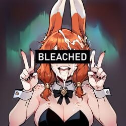 1girls ai_generated aurora_(league_of_legends) bleached bunny_ears bunnysuit cum cum_on_face cum_on_tongue female league_of_legends light-skinned_female light_skin v_sign vastaya