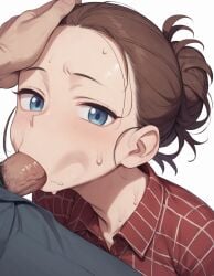 ai_generated blowjob blue_eyes brown_hair checkered_shirt fellatio forehead hair_bun red_shirt supergetthi