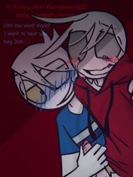 2boys bared_teeth blonde_hair blonde_pubes blonde_pubic_hair blue_blush blush_lines duo edged edging gay grey_eyes grining gums_showing hand_on_shoulder handjob happy_tears homoerotic homosexual homosexual_male hoodie_lift josh&todd male male/male male_only oc ocs original_artwork original_character original_characters red_blush red_blush_lines roommates shadows short_hair sillyivan simple_background smile smug stickfigure stickman stickmen tears text toony upper_body white_hair white_skin yaoi yellow_eyes