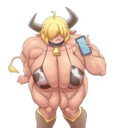cow_bell cow_print dark-skinned_female hyper_breasts minotaur minotaur_female muscular_female phone sheepapp