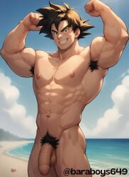 abs ai_generated armpit_hair balls bara baraboys biceps big_balls big_penis dragon_ball dragon_ball_z male male_nipples male_only male_pubic_hair muscular_male nipples nude pecs penis son_goku toei_animation