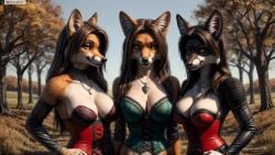 3girls ai_generated animal_ears anthro artist_name breasts brown_hair bustier choker cleavage corset day detached_sleeves female_anthro furry furry_female hi_res high_resolution highres jewelry large_breasts long_hair looking_at_viewer medium_breasts multiple_girls necklace outdoors photorealistic realistic stable_diffusion tree twitter twitter_username watermark yellow_eyes yiffyjiffy2 yiffyjiffy69