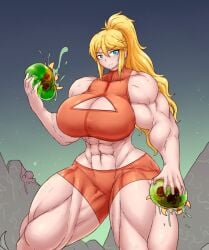 abs cleavage_cutout huge_breasts metroid metroid_(creature) muscular_female samus_aran sheepapp thick_thighs