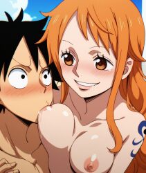 1boy1girl ai_generated big_breasts blush breast_sucking female male misaka monkey_d_luffy nami nipples one_piece orange_hair post-timeskip