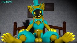 1boy anthro balls blue_body bow_tie clothing fred8009 fur genitals hat headgear headwear horn looking_at_viewer machine male male_only paws penis protogen sitting solo suntheprotogen yellow_body yellow_fur