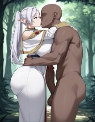 1boy 1girls ai_generated big_breasts big_penis curvy dark-skinned_male dat_ass elf elf_female faceless_male fat_ass female forest frieren grabbing_ass hands_on_ass hands_on_hips huge_ass huge_breasts huge_butt huge_cock kissing large_ass long_penis massive_ass naked_male penis pressing_breasts side_view sousou_no_frieren voluptuous voluptuous_female wide_hips