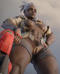 1girls 3d 4k african african_female blender blender_cycles blizzard_entertainment blue_eyes breasts calves cyborg dark-skinned_female dark_skin dreadlocks dzooworks female female_only fit_female gilf highres labia long_nails mature mature_female outdoors overwatch overwatch_2 partially_clothed ponytail pussy smile smirk sojourn_(overwatch) solo video_games watermark white_hair