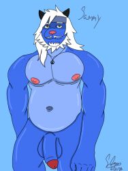 accessory anthro belly blue_body blue_skin generation_5_pokemon hair headband hippy long_hair male muscular nintendo nude pecs pokemon pokemon_(species) saddragon16_(artist) samurott shiny_(disambiguation) solo