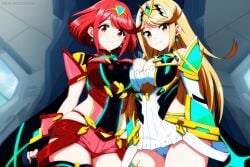 2girls ai_generated artkoikoi big_breasts blonde_hair cleavage clothed core_crystal long_hair mythra nintendo panties pyra red_eyes red_hair short_hair xenoblade_(series) xenoblade_chronicles_2 yellow_eyes