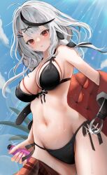 1girls 2d 2d_(artwork) alternate_costume artist_request belly_button big_breasts bikini bikini_bottom bikini_top black_bikini black_bikini_bottom black_bikini_top black_hair bra clouds day female female_focus female_only front_view high_resolution highres holding_object hololive hololive_japan hourglass_figure looking_at_viewer navel outdoors red_eyes sakamata_chloe short_hair sky slim_girl solo solo_female solo_focus standing summer swimsuit thong thong_bikini two_piece_swimsuit two_tone_hair virtual_youtuber vtuber vtuberfanart wet wet_body white_hair young younger_female