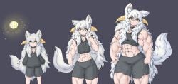 abs androgynous big_head long_hair muscle_growth muscular_male sheep_humanoid sheepapp tail white_hair