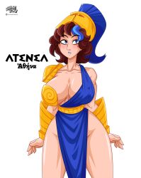 1girls 2024 alvarikokearte artist_logo artist_name athena big_breasts blue_eyes breasts brown_hair cleavage collarbone deity english_text european_mythology goddess greek_mythology mythology public_domain revealing_clothes spanish_text