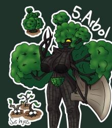 ahzucar axe big_ass big_breasts big_butt brown_body bushy_hair hi_res highres leaves lewdtober pubic_hair simple_background spanish_text sprout tree tree_girl wood yellow_eyes yellow_sclera