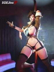 3d 3d_(artwork) alcohol arms_behind_back bar big_breasts blurred_background british_female chronal_accelerator costume exposed_breasts gloves highres lena_oxton light-skinned_female light_skin looking_at_viewer neon_lights neon_sign nightclub overwatch overwatch_2 patreon_logo patreon_username pole pole_dancing pose sgejinx_(artist) shoes short_hair sofa stockings stripper_pole tagme thick thick_hips thick_thighs thong tracer twitter_username victory_sign vip_room