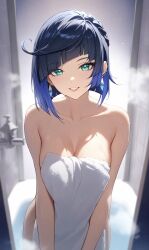 1girls ai_generated bathrobe blue_eyes blue_hair genshin_impact mommy short_hair sweatdrop tommy_(artist) yelan_(genshin_impact)