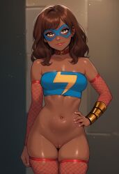 ai_generated belly_button_piercing bottomless brown_hair collar dark-skinned_female exposed_pussy fishnet_armwear fishnet_legwear fishnet_stockings fishnets hand_on_hip hero heroine innocent kamala_khan long_hair looking_at_viewer marvel marvel_comics mask masked_female ms._marvel ms._marvel_(kamala_khan) muslim muslim_female nerd nerdy_female no_panties no_pants pakistani pakistani-american pakistani_female superheroine tubetop