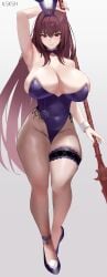 1girls breasts bunny_ears bunny_girl bunnysuit fate/grand_order fate_(series) female hi_res huge_breasts ilsksh light-skinned_female light_skin long_hair naughty_face purple_hair red_eyes scathach_(fate) scathach_(piercing_bunny) spear