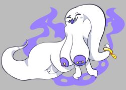 big_breasts breasts closed_eyes female fire genitals ghost ghost_tail hi_res humanoid key nipple_piercing nipples piercing poundfulpanda purple_nipples pussy simple_background solo spirit thick_thighs white_body