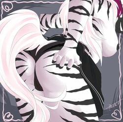 amythezebra ass bent_over breasts close-up equine female hair looking_back markings mirotic nipples pussy sideboob skirt skirt_lift solo stripes translucent underwear white_hair zebra