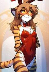 1girls ai_generated anthro female flora_(twokinds) full_body furry looking_away playboy_bunny shy striped_fur tagme tiger twokinds