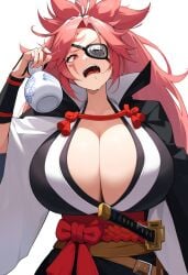 ai_generated alcoholic_drink baiken blank_background cleavage cleavage_overflow drinking drunk eyepatch huge_breasts jonnyjonn novelai sagging_breasts