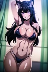 ai_generated arisato_yu armpit bikini breasts delta_(the_eminence_in_shadow) kage_no_jitsuryokusha_ni_naritakute! long_hair purple_eyes purple_hair smile_at_viewer the_eminence_in_shadow thick_thighs wide_hips wolf_ears wolf_girl wolf_tail