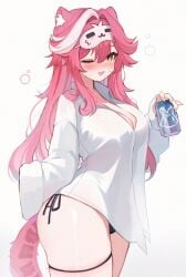 ;) bikini_bottom blush cat_ears cleavage drink drooling eye_mask hololive hololive_english hololive_english_-justice- kemonomimi koahri pink_hair raora_panthera tail thick_thighs virtual_youtuber white_shirt winking_at_viewer yellow_eyes