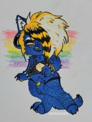 621_day absurd_res alternative_fashion animal_genitalia clothing colored colored_pencil_(artwork) e621 felid feline fishnet_clothing fishnet_leggings fishnet_legwear genitals hexerade hi_res leggings legwear male male/male mammal mascot rainbow sheath solo sparklefur sparkleyiff traditional_media_(artwork)