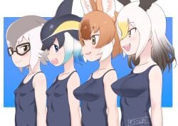 4girls :d animal_ears bald_eagle_(kemono_friends) bangs black_hair blonde_hair blue_background blue_eyes blue_hair blue_one-piece_swimsuit blush border breast_chart breast_size_difference breasts brown_eyes brown_hair bust_chart chart clothing comparing_breasts comparison competition_school_swimsuit competition_swimsuit covered_navel dhole_(kemono_friends) dog_ears dog_girl erect_nipples_under_clothes eyebrows_visible_through_hair female female_only glasses gradient_hair gray_hair grey_hair group happy head_wings height_difference impossible_clothes kemono_friends kemono_friends_3 large_breasts lineup long_hair looking_at_viewer masuyama_ryou medium_breasts meerkat_(kemono_friends) megane multi_ear multicolored_hair multiple_girls old_school_swimsuit one-piece_swimsuit open-mouth_smile open_mouth open_mouth_smile orange_hair quartet short-beaked_common_dolphin_(kemono_friends) short_hair sidelocks simple_background size_difference skindentation small_breasts smile sukumizu swimsuit tail take_your_pick tank_suit two-tone_hair two_tone_hair upper_body upper_teeth wavy_mouth white white_hair yellow_eyes