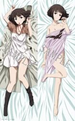 bare_arms bare_legs bare_shoulders bare_thighs barefoot bed_sheet black_hair black_socks blue_eyes blush breasts cleavage collarbone dakimakura dakimakura_design darwin's_game feet kashiwagi_rein knee_socks kneehighs kneesocks lying mouth_closed no_panties official_art one_piece_dress panties panties_visible_under_skirt sample_watermark shiny_skin shirt_only shirt_pulled_down short_hair small_breasts smile socks thighs toes