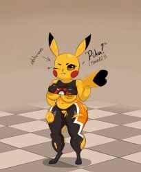 1girls 2d 2d_(artwork) anthro big_breasts bigeggguy bodysuit cosplay_pikachu furry hand_gesture looking_at_viewer pikachu pikachu_libre pokémon_(species) pokemon shortstack simple_background smile solo sweat text tight_clothing wink yellow_fur