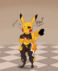 1girls 2d 2d_(artwork) anthro big_breasts bigeggguy bodysuit cosplay_pikachu furry hand_gesture looking_at_viewer pikachu pikachu_libre pokémon_(species) pokemon self_upload shortstack simple_background smile solo sweat text tight_clothing wink yellow_fur