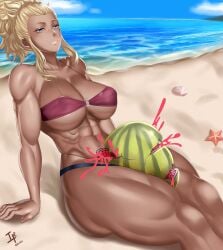 1girls abs alternate_costume arcedo ass bare_arms bare_midriff bare_shoulders bare_thighs beach big_ass bikini blonde_hair blue_bikini blue_eyes blue_swimsuit breasts cleavage collarbone female female_only fire_emblem fire_emblem_awakening flavia_(fire_emblem) large_breasts midriff muscular muscular_female nintendo ocean outdoors ponytail purple_bikini purple_swimsuit shell short_hair shoulders sideboob sidelocks sitting smile solo starfish swimsuit thick_thighs underboob water watermelon watermelon_crushing yellow_hair