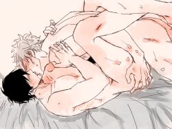 2boys ame66 anal anal_sex black_hair blush closed_eyes completely_nude french_kiss gay gintama gintoki_sakata hijikata_toshiro implied_anal kissing male male_only nude on_back on_bed white_hair yaoi