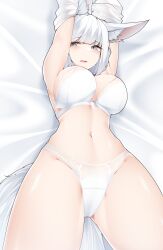 1girls absurdres animal_ears arms_up azur_lane blue_eyes bra breasts disgusted_look eyeshadow female fox_ears fox_girl fox_tail gigantic_thighs half-closed_eyes highres hip_focus kaga_(azur_lane) kitsune large_breasts legs_apart light-skinned_female light_skin looking_at_viewer looking_down lying makeup medium_hair multiple_tails navel on_back open_mouth panties red_eyeshadow sakura_empire_(azur_lane) samip slit_pupils solo tail thick_thighs thighs uncomfortable underwear white_bra white_hair white_panties wide_hips