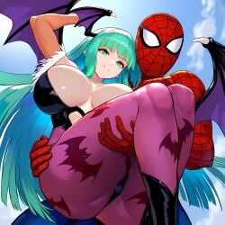 ai_generated big_ass big_breasts bridal_carry capcom carrying carrying_partner clothed clothing couple crossover curvaceous curvy curvy_figure darkstalkers demon fat_ass fat_thighs fully_clothed huge_ass huge_breasts huge_thighs juicy_butt leotard lifting_person marvel marvel_comics marvel_vs._capcom monster_girl morrigan_aensland peter_parker princess_carry spider-man spider-man_(series) succubus succubus_wings superhero thick_ass thick_thighs wide_hips wide_thighs