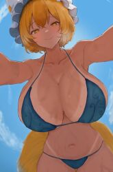 1girls absurdres bikini blonde_hair blue_bikini blue_sky breasts cleavage closed_mouth cloud color commentary_request female fox_girl fox_tail hat highres huge_breasts kitsune looking_at_viewer mob_cap moriforest1040 navel outdoors short_hair sky smile solo swimsuit tail tan tanline touhou white_hat yakumo_ran yellow_eyes yokai youkai