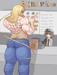 back_muscles blonde_hair glasses muscular_female original_character sheepapp shopping