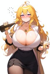 ai_generated blank_background cleavage cleavage_cutout drinking drunk fancy_clothing jonnyjonn novelai office_lady pov wine wine_bottle wine_glass yang_xiao_long