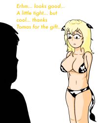 artist_upload aventuras_do_cavaleiro big_breasts blonde_female blonde_hair cow_bikini cow_ears cow_girl cow_tail dialogue innocent mina(aventuras_do_cavaleiro) polisilver tomas(aventuras_do_cavaleiro)