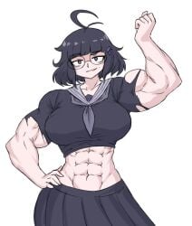 abs empty_eyes ghost ghost_girl glasses goth keiko_(emmarrgus) muscle_growth muscles muscular_female original_character seifuku sheepapp smirk torn_clothes