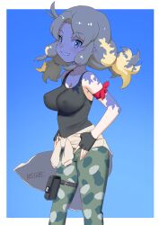 1girls arm_ribbon armband bangs bare_shoulders black_gloves black_shirt black_tank_top blonde_hair blue_background blue_eyes blush bodypaint border breasts calenda_(kemono_friends) camouflage camouflage_pants cargo_pants cleavage closed_mouth clothes_around_waist clothing cloud cowboy_shot curly_hair dot_nose erect_nipples erect_nipples_under_clothes eyebrows eyebrows_visible_through_hair eyelashes feathers female female_only fingerless_gloves freckles gloves green_pants grin hair_tie hairband hand_on_hip hand_on_own_thigh hand_on_thigh high_resolution huge_breasts impossible_clothes jacket kemono_friends kemono_friends_3 large_breasts leg_belt long_hair looking_at_viewer looking_to_the_side low_twintails masuyama_ryou medium_breasts multicolored_hair navel nipples nose_blush pants pink_hairband puffy_hair red_armband ribbon shirt shorts sidelocks simple_background skindentation sky sleeveless smile solo standing sun sweater sweater_around_waist tail tank_top tied_hair twintails very_long_hair white_border