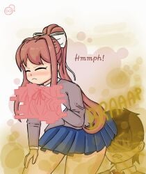 1boy 1girls blush chobeeno color doki_doki_literature_club fart fart_cloud fart_fetish farting_on_face female male mc_(doki_doki_literature_club!) monika_(doki_doki_literature_club) ponytail schoolgirl skirt_lift tagme text white_bow